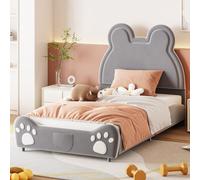Fortuna Lai Lit rembourré 90x200cm, en forme d'ours Lit d'enfant Lit simple Tissu velours doux pour la peau, Gris