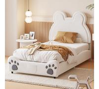 Fortuna Lai Lit rembourré 90x200cm, en forme d'ours Lit d'enfant Lit simple Tissu velours doux pour la peau, blanc