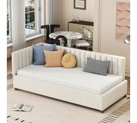 Fortuna Lai Lit rembourré 90x200cm, lit multifonctionnel avec sommier à lattes, respectueux de la peau, lit simple, lit d'invité, lit de jour, lit de canapé, velours, beige