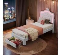 fortuna Lai Lit rembourré, Cadre de lit pour Fille 90 x 200 cm avec tiroir, lit Simple avec Lampes LED et sommier à Lattes et Dossier, PU (Beige, 90x200 cm)