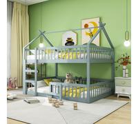Fortuna Lai Lit superposé 140x200cm avec sommier à lattes, lit surélevé avec échelle, lit d'enfant lit de maison avec sommier, lit simple en bois lit de jeu avec porte, gris