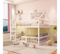 Fortuna Lai Lit superposé 140x200cm avec sommier à lattes, lit surélevé avec échelle, lit d'enfant lit de maison avec sommier, lit simple en bois lit de jeu avec porte, blanc