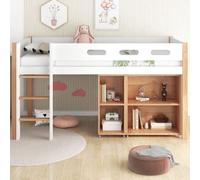 Fortuna Lai Lit superposé 90x200cm avec armoire mobile, lit surélevé avec échelle, lit d'enfant avec protection contre les chutes et sommier à lattes, lit simple en bois, naturel+blanc