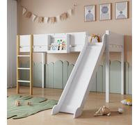 Fortuna Lai Lit superposé 90x200cm avec protection contre la chute, lit d'enfant avec toboggan et échelle, lit surélevé avec étagère amovible, lit d'intérieur lit simple lit en bois massif, blanc