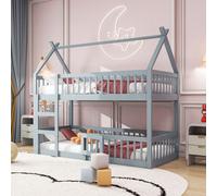 Fortuna Lai Lit superposé 90x200cm avec sommier à lattes, lit surélevé avec échelle, lit d'enfant lit de maison avec sommier, lit simple en bois lit de jeu avec porte, gris