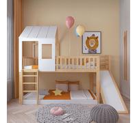 Fortuna Lai Lit superposé avec échelle à angle droit et toboggan, lit de maison avec toit et fenêtre, lit d'enfant avec protection contre les chutes et barrière, cadre en pin, naturel+blanc (90x200cm)