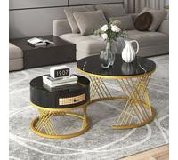 Fortuna-Lai Lot de 2 tables basses Table d'appoint aspect marbre avec étagère Ronde Ø70 x 45 cm et Ø50 x 38.5 cm Table de salon Table basse Modèle marbre Table en bois Structure et tiroirs Rotin synth