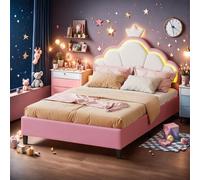 Fortuna Lai RGB LED Lit d'enfant 90x200cm rose velours, réglable en hauteur avec prises USB, tête de lit et espace de rangement, capacité de charge 160kg