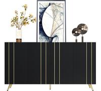 Fortuna Lai Sideboard noir, armoire 4 portes, avec étagères réglables, organiseur avec pieds dorés