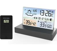 Fortuna Lai Stations météo radio avec capteur extérieur avec prévisions météo, avertissement de température, horloge radio RF - fonctionnement sur piles et câble d'alimentation USB, en design verre tr