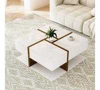 Fortuna Lai Table basse 78x78x34,8 cm, table d'appoint avec 4 tiroirs, couleurs assorties et design linéaire, espace de rangement, blanc