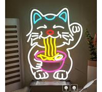Fortune Cat Ramen Panneau néon pour décoration murale à intensité variable Motif chat porte-bonheur Nouilles japonaises Panneau LED pour restaurant, cuisine, maison, pub, salle à manger