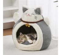 Fortune Lit en forme de chat pour chat d'intérieur, nichoir confortable auto-chauffant pour chatons et petits animaux de compagnie, cachette semi-fermée anti-anxiété avec mini cloche (gris, 36,1 x