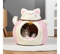Fortune Lit en forme de chat pour chats d'intérieur - Nichoir confortable auto-chauffant pour chatons et petits animaux de compagnie, cachette semi-fermée anti-anxiété avec mini cloche (rose, 36,1 x