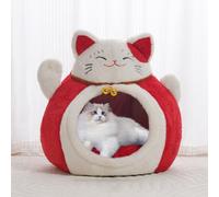 Fortune Lit en forme de chat pour chats d'intérieur - Nichoir confortable auto-chauffant pour chatons et petits animaux de compagnie, cachette semi-fermée anti-anxiété avec mini cloche (rouge, 36,1 x