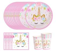 FORYNXHWIN Lot de vaisselle de fête licorne pour 16 invités - Assiettes licorne rose - Décoration de fête d'anniversaire - Assiettes, gobelets, serviettes pour enfants