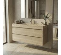 Forzalaqua Ibiza Ensemble meuble de salle de bains - 100x50x70cm - 2 tiroirs - lavabo en travertin - 1 trou de robinet - jeu de supports - bouchen de vidage - Smoke SW492337/SW67758/SW242509/SW696209