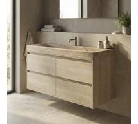 Forzalaqua Ibiza Ensemble meuble de salle de bains - 120x50x70cm - 4 tiroirs - lavabo en travertin - 1 trou de robinet - jeu de supports - bouchen de vidage - smoke SW492368/SW67794/SW242509/SW696209