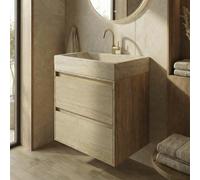 Forzalaqua Ibiza Ensemble meuble de salle de bains - 80x50x70cm - 2 tiroirs - lavabo en travertin - 1 trou de robinet - jeu de supports - bouchon de vidage - smoke SW492431/SW67887/SW242509/SW696209