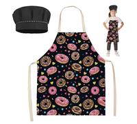FOSDICK 1 Pièce Tablier Cuisine Enfant et 1 Pièce Toque Cuisinier Enfant, Tablier Peinture Enfants con Motif de Beignet, Mignon Tablier de Cuisine et Toque Set Convient Garçons et Filles