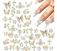 FOSDICK 24 PCS Charms a Ongles, Breloques pour Ongles, Alliage Y2k, Coeurs Papillons Noeuds Cerises et Strass pour Deco Ongle Nail Art Bijoux Brillants Decorations Manucure DIY Accessoires