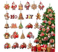 FOSDICK 24 Pièces Decoration Noel Sapin Bois, Decoration Sapin de Noel en Bois, Deco Sapin de Noel avec Corde, Suspension Ornements Bonhomme Pain d'Épice Père Noël Motifs pour DIY Fête CASA