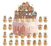 FOSDICK 25 Pièces Decoration Gateau Anniversaire Capybara, 1 Cake Topper Happy Birthday et 24 Toppers de Cupcake, Capybara Deco Gateau Anniversaire, Capibara Décoration de Gâteau Fête pour Enfants