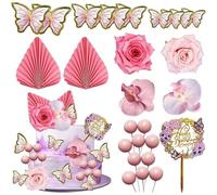 FOSDICK 27 Pcs Fleur Decoration Gateau, Fleurs Artificielles Feuilles de Palmier Rose Boule Deco Gateau, Boho Decoration gateau Anniversaire, Cake Topper Anniversaire pour Mariage, Baby Shower, Fête