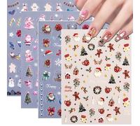 FOSDICK 4 Feuilles Sticker Ongle Noël, 5D Relief Autocollant Ongle Noel, Stickers Ongles Nail Art, Flocon de Neige Renne Sapin Noëls Bonhomme Neige Ongles Noels pour Femme Fille