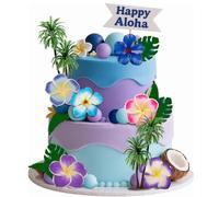 FOSDICK 42Pcs Hawaienne Decoration Gateau Anniversaire, Hawaiian Tropic Thème Deco Gateau, Décoration de Gâteau, Fleurs Hawaien, Feuilles, Palmiers, Boules Cake Topper pour Été, Plage, Fête Hawaienne