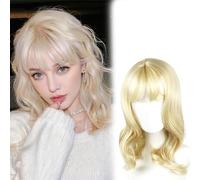 FOSDICK 45cm Perruque Blonde Femmes Blonde Bob Perruque avec Frange Cheveux Synthétiques Résistants à la Chaleur Perruque Courte pour Soirée Cosplay Utilisation Quotidienne