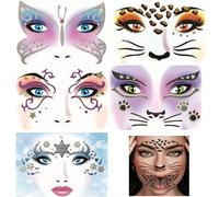 FOSDICK 5Pcs Autocollant Face Art, Animaux Autocollant Tatouage de Visage, Léopard,Cygne,Papillon,Chats,Scène de Glace, Paillettes Tatouages Temporaires pour Adulte Enfant Mascarade, Fête, Spectacle