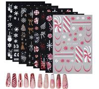 FOSDICK 8 Feuilles Sticker Ongle Noël, 3D Relief Autocollant Ongle Noel, Stickers Ongles Nail Art, Flocon de Neige Renne Boule de Noëls Bonhomme Neige Ongles Noels pour Femme Fille