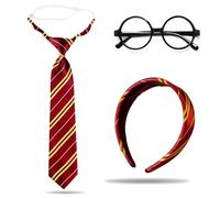 FOSDICK Cravate et Bandeau à Rayures Rouges Bordeaux et Jaunes, Cravate Enfant Serre Tête avec Lunettes Ronde Sans Verres, Accessoires Cosplay de Magicien, Kit de Sorcier Déguisement pour Fille Garçon