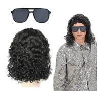 FOSDICK Perruque Homme, Perruque Disco, Perruques Bouclée Annee 80, Rock Star Hippie Perruques, Lunette de Soleil, Hippie Deguisement Wig Set pour Annees 70 80 Costume Halloween Carnaval Fête à Thème