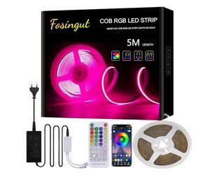 Fosingut Ruban LED 5m, Bande Led RGB COB Bandeau Led Strip Synchronisation Musique/Voix Changement de Couleur,24V 840LED/m Smart Dimmable Lumiere Led Chambre pour gaming,TV,Cuisine,fête,Decor Murale