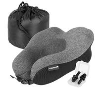 Fosmon Coussin de Voyage en Mousse à Mémoire de Forme avec Bouchons | Oreiller Ergonomique de Soutien de la Tête et du Menton avec Housse 100 Pourcent Coton Lavable pour Avion et Train