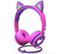 FosPower Casque Audio Enfant avec Oreilles de Chat LED, Limite de Volume 85dB, Casque Filaire 3,5mm avec, Écouteurs pour Filles & Garçons pour iPad, Tablette, École, Voyage, Rose Vif/Violet