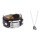 Fossil Homme Bracelet manchette en cuir noir JF84816040 + Collier avec plaque militaire en acier inoxydable JF00494998