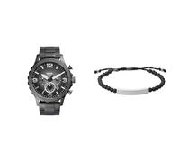 FOSSIL Homme Nate Gris Acier Inoxydable Montre and Ellis Noir Pierres Semi-Précieuses Bracelet, Coffret