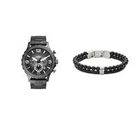 FOSSIL Homme Nate Gris Acier Inoxydable Montre and Townsman Noir Pierres Semi-Précieuses Bracelet, Coffret