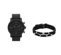 FOSSIL Homme Nate Noir Cuir Montre and Bronson Argenté Acier Inoxydable Bracelet, Coffret