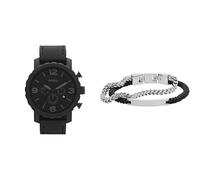 FOSSIL Homme Nate Noir Cuir Montre and Ellis Argenté Acier Inoxydable Bracelet, Coffret