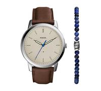 Fossil Minimalist Watch for Men, Quartz Movement with Stainless steel or Leather strap, Brun et ton argenté SET
