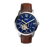 Fossil Montre analogique Automatique pour Homme avec Bracelet en Cuir ME3105, Argenté/Bleu, Cognac., 44 mm, Montre Squelette