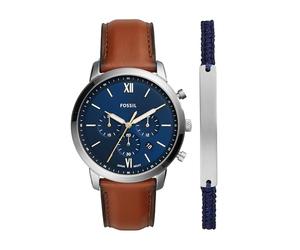 Fossil Montre Minimaliste Fine à Trois Aiguilles en Cuir Marron Clair pour Homme, Ensemble de Bracelets en Argent et Marron, One Size, Neutra Homme