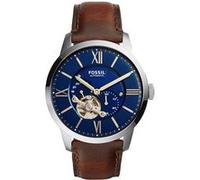 Fossil Montre pour homme Townsman, mouvement mécanique automatique, boîtier en acier inoxydable argenté de 44 mm avec bracelet en cuir, ME3110