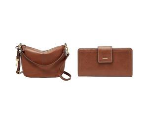 Fossil Sac pour femmes Jolie, Cuir éco/polyuréthane garniture croisée marron 27.9 cm L x 7.6 cm l x 20.3 cm H ZB7716200 + Portefeuille pour femmes Logan, Pochette à onglet en cuir/polyuréthane