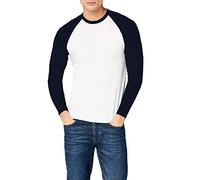 FOTL Long Sleeve Baseball Tee T-Shirt Sport Homme, Blanc/Bleu Marine Profond, Large
