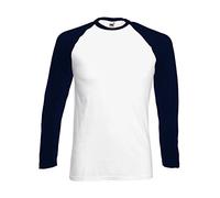 FOTL Long Sleeve Baseball Tee T-Shirt Sport Homme, Blanc/Bleu Marine, XL